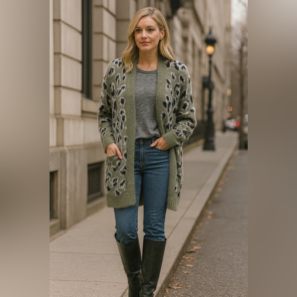 Easel Olive Leopard Print Cardigan